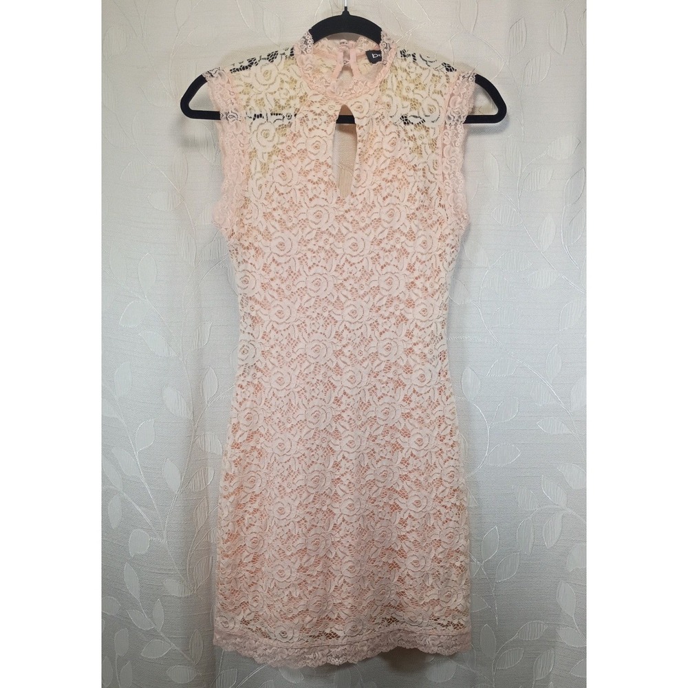 Bebe Peach Pink Floral Lace Keyhole Mini Dress Sleeveless High Neck XS
